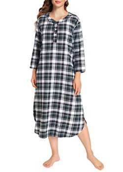 Latuza Damen Plaid Flanell Nachthemd Warm Baumwolle Midi Nachthemd, Schwarz / Grün, 3XL Große Größen von Latuza