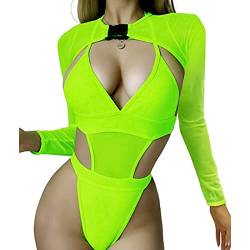 Laughhe Bikini Damen Rave Outfits Neon Body Crop Top mit Schnalle Langarm Badeanzüge Mesh Shrug Rave Outfit für Festival Clubwear Party (M) von Laughhe