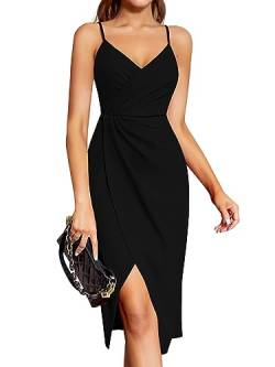 Laughido Cocktailkleid Wickelkleid Partykleid Abendkleid Midikleid Damen Sommerkleid Elegant Festliche Bodycon Hochzeit Ärmellos Spaghettiträger Kleider (Schwarz, X-Large) von Laughido