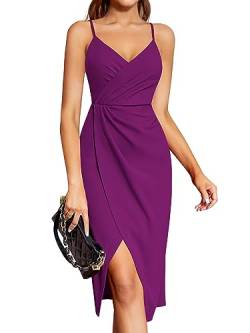 Laughido Cocktailkleid Wickelkleid Partykleid Abendkleid Midikleid Damen Sommerkleid Elegant Festliche Bodycon Hochzeit Ärmellos Spaghettiträger Kleider (lila, mittel) von Laughido