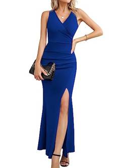 Laughido Maxikleid Wickelkleid Partykleid Bodycon Abendkleider Damen Cocktailkleid Festliche Elegant Lang Hochzeit Sommerkleid (Blau, XX-groß) von Laughido