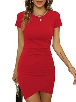 Laughido Mini Kurzarm Bodycon Rundhals Strandkleid Damen Wickelkleid Kurzes Sommerkleid Gerüscht Eng Tshirt Kleid (rot, groß) von Laughido