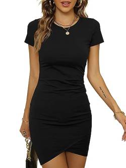 Laughido Mini Kurzarm Bodycon Rundhals Wickelkleid Damen Sommerkleid Kurzes Strandkleid Gerüscht Eng Tshirt Kleid (Schwarz, Groß) von Laughido