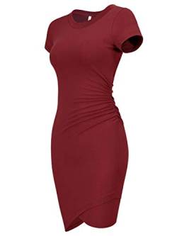 Laughido Mini Kurzarm Gerüscht Eng Strandkleid Damen Wickelkleid Kurzes Bodycon Sommerkleid Rundhals Tshirt Kleid (Burgund, Groß) von Laughido