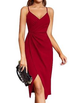 Laughido Partykleid Festliche Abendkleid Bodycon Midikleid Damen Cocktailkleid Wickelkleid Sommerkleid Elegant Hochzeit Ärmellos Spaghettiträger Kleider (rot, klein) von Laughido