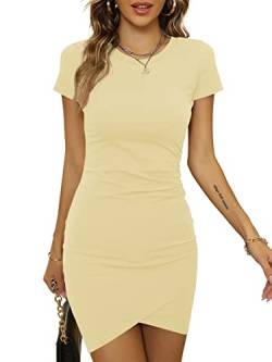 Laughido Tshirt Mini Kurzarm Bodycon Sommerkleid Damen Wickelkleid Kurzes Rundhals Strandkleid Gerüscht Eng Kleid (Aprikose, X-klein) von Laughido