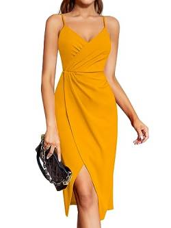 Laughido Wickelkleid Cocktailkleid Spaghettiträger Elegant Sommerkleid Damen Partykleid Abendkleid Midikleid Festliche Bodycon Hochzeit Ärmellos Kleider (Gelb, Mittel) von Laughido