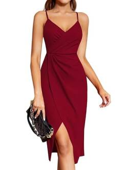 Laughido Wickelkleid Cocktailkleid Spaghettiträger Elegant Sommerkleid Damen Partykleid Abendkleid Midikleid Festliche Bodycon Hochzeit Ärmellos Kleider (Weinrot, groß) von Laughido