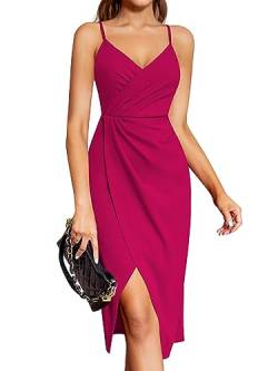 Laughido Wickelkleid Sommerkleid Spaghettiträger Elegant Cocktailkleid Damen Partykleid Abendkleid Midikleid Festliche Bodycon Hochzeit Ärmellos Kleider (Rosenrot, Mittel) von Laughido