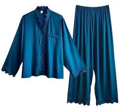 Laura Lily Women - Damen Pyjama Set aus Satin Seide, 2 Stücke Satin Schlafanzug mit Spitze, Langarm Nachtwäsche und Lange Hosen.BlauL1406 von Laura Lily Women