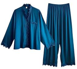 Laura Lily Women - Damen Pyjama Set aus Satin Seide, 2 Stücke Satin Schlafanzug mit Spitze, Langarm Nachtwäsche und Lange Hosen.BlauS1406 von Laura Lily Women