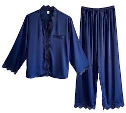 Laura Lily Women - Damen Pyjama Set aus Satin Seide, 2 Stücke Satin Schlafanzug mit Spitze, Langarm Nachtwäsche und Lange Hosen.Navy BlauL1406 von Laura Lily Women