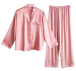 Laura Lily Women - Damen Pyjama Set aus Satin Seide, 2 Stücke Satin Schlafanzug mit Spitze, Langarm Nachtwäsche und Lange Hosen.RosaL1406 von Laura Lily Women