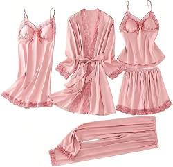 Laura Lily - Damen-Schlafanzug aus Satin, mit Spitze, 5-teilig, Bademantel, Pyjama Nachthemd, Oberteil, Hose und Shorts. Weich und elegant.Rosa M 38, 1106 von Laura Lily