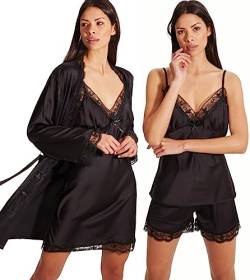 Laura Lily - Damen-Schlafanzug aus Satin, mit Spitze, 5-teilig, Bademantel, Pyjama Nachthemd, Oberteil, Hose und Shorts. Weich und elegant.Schwarz L 40, 1106 von Laura Lily