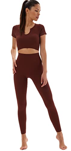 Laura Lily - Nahtlose Rippstrick-Sportbekleidung für Damen mit hoher Taille und Fitness-T-Shirt für Yoga und Gym., Cuev Kaffee, 38 von Laura Lily