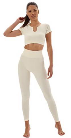 Laura Lily - Nahtlose Rippstrick-Sportbekleidung für Damen mit hoher Taille und Fitness-T-Shirt für Yoga und Gym., Weiß, 36 von Laura Lily