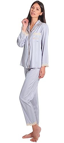 Laura Lily - Set aus 2 Stück Satin-Schlafanzügen für Damen, Pyjama Knopfhemd mit Tasche und Lange Hosen gestreift mit Spitze. Sehr weich mit angenehmer Haptik. Grau M 38 von Laura Lily
