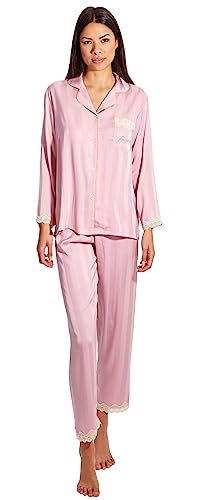 Laura Lily - Set aus 2 Stück Satin-Schlafanzügen für Damen, Pyjama Knopfhemd mit Tasche und Lange Hosen gestreift mit Spitze. Sehr weich mit angenehmer Haptik. Rosa S 36 von Laura Lily