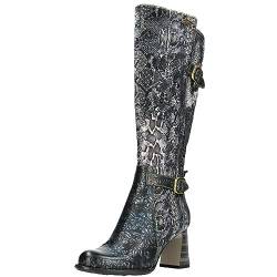 Laura Vita Damen Stiefel Leder Langschaft Snake Print Blumen Muster Maeleo 04, Größe:39 EU, Farbe:Blau von Laura Vita