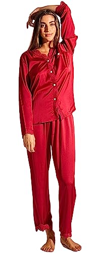 Laura Lily - 2-teiliges Damen-Pyjama-Set, Schlafanzug mit Knöpfen und Langen Hosen aus Satin, mit bestickter Spitze, weich, bequem, seidig und lässig. (Rot, S 36) von Laura in