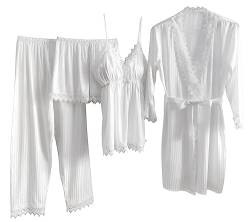Laura Lily - Damen Pyjamas Schlafanzug aus seidig gestreiftem Satin, mit Spitze, 4-teiliges Set Weiß S-M, 1101 von Laura in