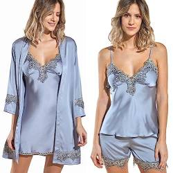 Laura Lily Damen-Pyjamas aus Satin, seidig, einfarbig, mit Spitze, 5-teiliges Set, grau, S-M von Laura in