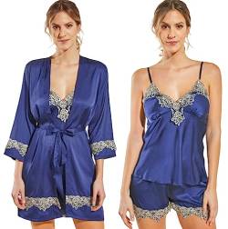 Laura Lily Damen-Pyjamas aus Satin, seidig, einfarbig, mit Spitze, 5-teiliges Set, marineblau, S-M von Laura in