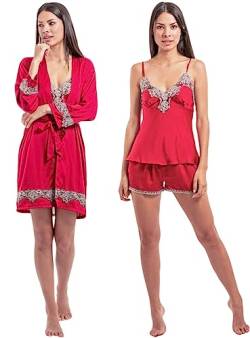 Laura Lily Damen-Pyjamas aus Satin, seidig, einfarbig, mit Spitze, 5-teiliges Set, rot, S-M von Laura in