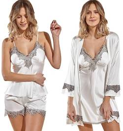 Laura Lily Damen-Pyjamas aus Satin, seidig, einfarbig, mit Spitze, 5-teiliges Set, weiß, M/L von Laura in