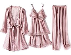 Laura Lily - Damen-Pyjamas aus seidig gestreiftem Satin, mit Spitze, 4-teiliges Set, Pink M38 von Laura in