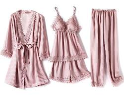 Laura Lily - Damen-Pyjamas aus seidig gestreiftem Satin, mit Spitze, 4-teiliges Set, Pink S36 von Laura in