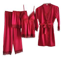 Laura Lily - Damen-Pyjamas aus seidig gestreiftem Satin, mit Spitze, 4-teiliges Set, Rot M38 von Laura in