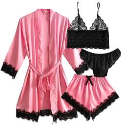 Laura Lily - Damen-Schlafanzug Pyjama aus Satin, mit sexy schwarzer Spitze, 4-teilig, Bademantel, Top-Bralette, Höschen und Shorts. Elegant und bequem. Rosa L von Laura in