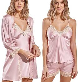 Laura Lily - Pyjama Damen Schlafanzug aus Satin, Seidig, einfarbig, mit Spitze, 5-teiliges Set, Pink S-M von Laura in