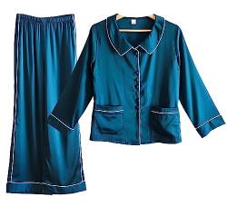 Laura in - 2-teiliges Damen-Seiden Pyjama-Set, Schlafanzug mit Knöpfen und Langen Hosen aus Satin, verziert mit gerader Linie, weich, bequem, seidig und lässig, Extra-Qualität-1404BlauXL von Laura in