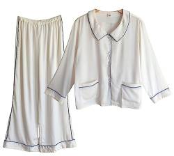 Laura in - 2-teiliges Damen-Seiden Pyjama-Set, Schlafanzug mit Knöpfen und Langen Hosen aus Satin, verziert mit gerader Linie, weich, bequem, seidig und lässig, Extra-Qualität-1404WeißXL von Laura in