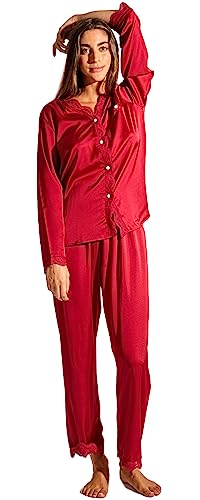 Laura in - 2-teiliges Seidensatin-Pyjama für Damen, Schlafanzug mit Knöpfen und Langen Hosen aus Satin, mit bestickter Spitze, elegant fließend weich und bequem.RotL1403 von Laura in