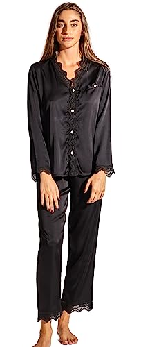 Laura in - 2-teiliges Seidensatin-Pyjama für Damen, Schlafanzug mit Knöpfen und Langen Hosen aus Satin, mit bestickter Spitze, elegant fließend weich und bequem.SchwarzS1403 von Laura in