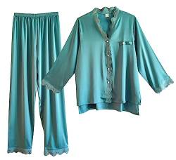 Laura in - 2-teiliges Seidensatin-Pyjama für Damen, Schlafanzug mit Knöpfen und Langen Hosen aus Satin, mit bestickter Spitze, elegant fließend weich und bequem.SmaragdgrünM1403 von Laura in