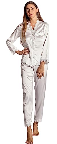 Laura in - 2-teiliges Seidensatin-Pyjama für Damen, Schlafanzug mit Knöpfen und Langen Hosen aus Satin, mit bestickter Spitze, elegant fließend weich und bequem.WeißL1403 von Laura in