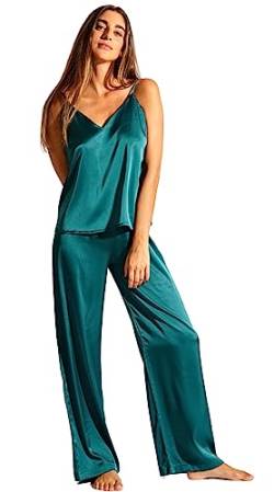 Laura in - Damen-Kleidungsset Satin-Seidenpyjama für Damen 2-teilig einfarbig Satin-Schlafanzug Top-Shirt und Langen Hosen-1603GrünM von Laura in