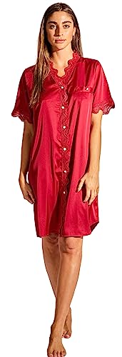 Laura in - Knielanges Pyjama Nachthemd aus Seide Satin für Damen mit Spitze, Schlafanzüge Nachtwäsche, Knopfleidung mit kurzen Ärmeln. M/L1605 von Laura in