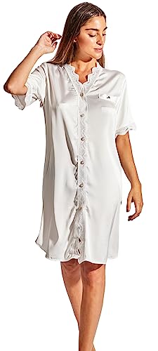 Laura in - Knielanges Pyjama Nachthemd aus Seide Satin für Damen mit Spitze, Schlafanzüge Nachtwäsche, Knopfleidung mit kurzen Ärmeln. M/L1605 von Laura in