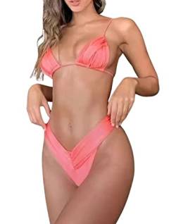 Laura in - Neuer Badeanzug Bikini für Damen, 2-teiliges Set Bademode mit Dreieck-BH und Stringtanga aus glänzendem Metallic-Stoff für den Strand in diesem Sommer. RosaM2308 von Laura in