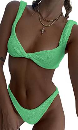 Laura in - Neuer Bikini Badeanzug 2-teiliges Set für Damen, Raubstoff, einfarbig, glänzend. GrünL2311 von Laura in