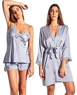 Laura in - Pyjama 5-teiliges Set aus Seidensatin mit bestickter Spitze, Nachtwäsche Schlafanzüge für Damen, Bademantel, Nachthemd, Top, Kurze und Lange Hosen. S/M1108 von Laura in