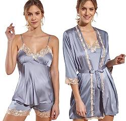 Laura in - Pyjama Damen Schlafanzug aus Satin, Seidig, einfarbig, mit Spitze, 5-teiliges Set-Grau-L-1103 von Laura in