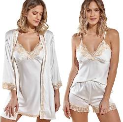 Laura in - Pyjama Damen Schlafanzug aus Satin, Seidig, einfarbig, mit Spitze, 5-teiliges Set-Weiß-L-1103 von Laura in