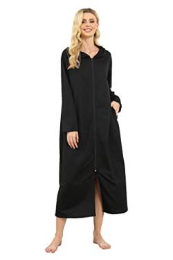 Damen-Bademantel mit Reißverschluss und Kapuze, lang, Hausmantel, Sweatshirt, volle Länge, Bademantel, Langarm, Loungewear, weiches Nachthemd mit Taschen, Schwarz, XX-Large von Laurel Snow